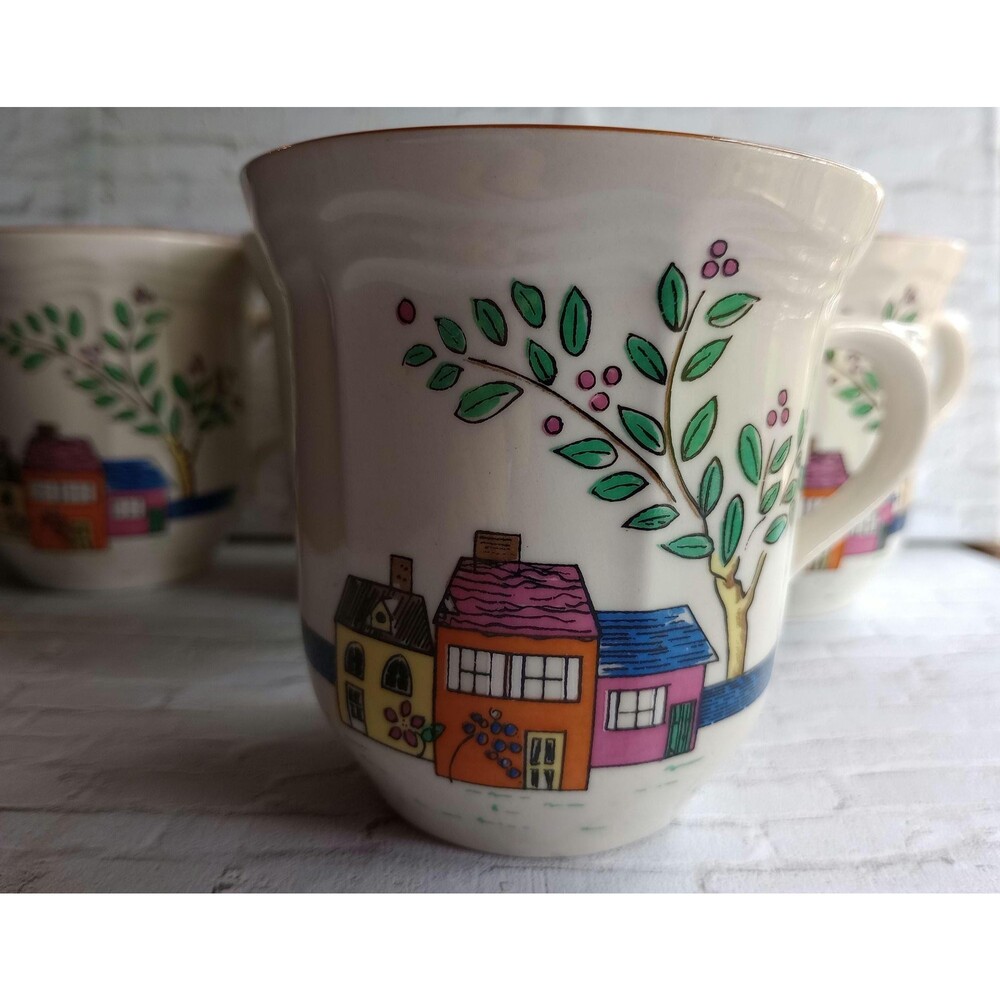 Vintage Diamond Stoneware Set of 4 Cups and 4 Saucers | Cottage Sheep Tree